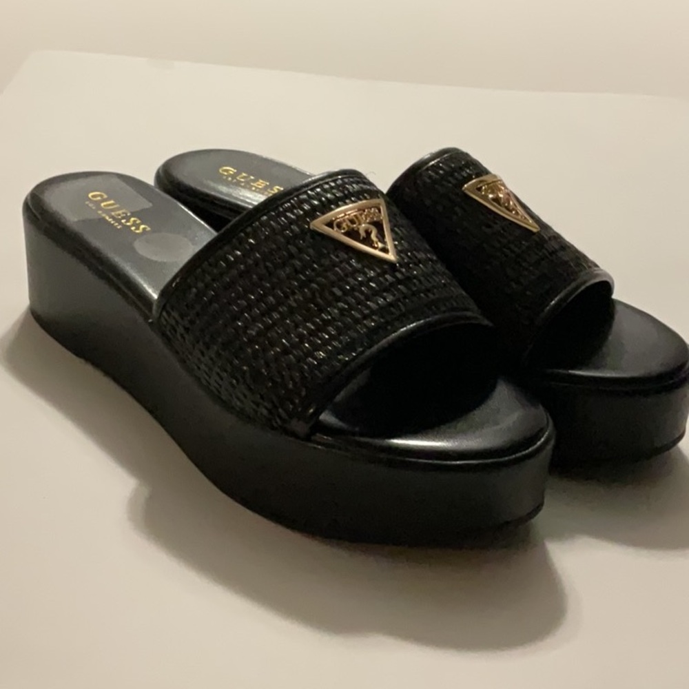 GUESS Black Woven Slide Platform Sandals with Gold Logo